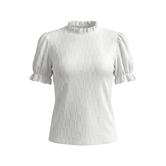 Shannon Ford New York Tops - Shannon Ford New York Blouse White‎ Ruffle Neck Puff Sleeve Textured - Large